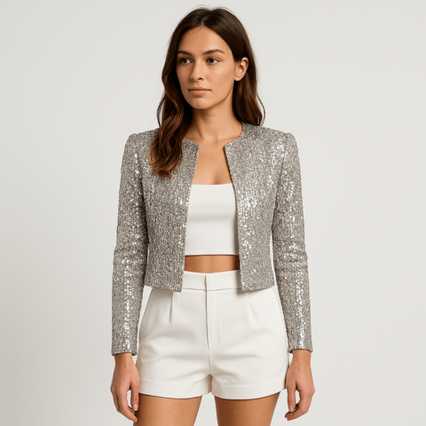 Abigail - Damen Kurzblazer mit Pailletten und Rundhalsausschnitt