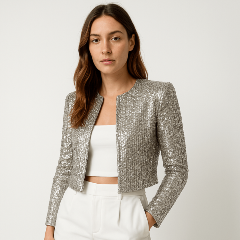 Abigail - Damen Kurzblazer mit Pailletten und Rundhalsausschnitt