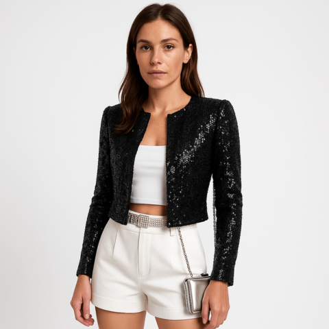 Abigail - Damen Kurzblazer mit Pailletten und Rundhalsausschnitt