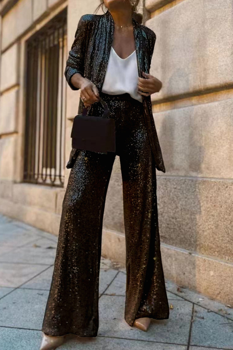 Ilse - Damen Pailletten Zweiteiler mit Blazer und Weitem Bein