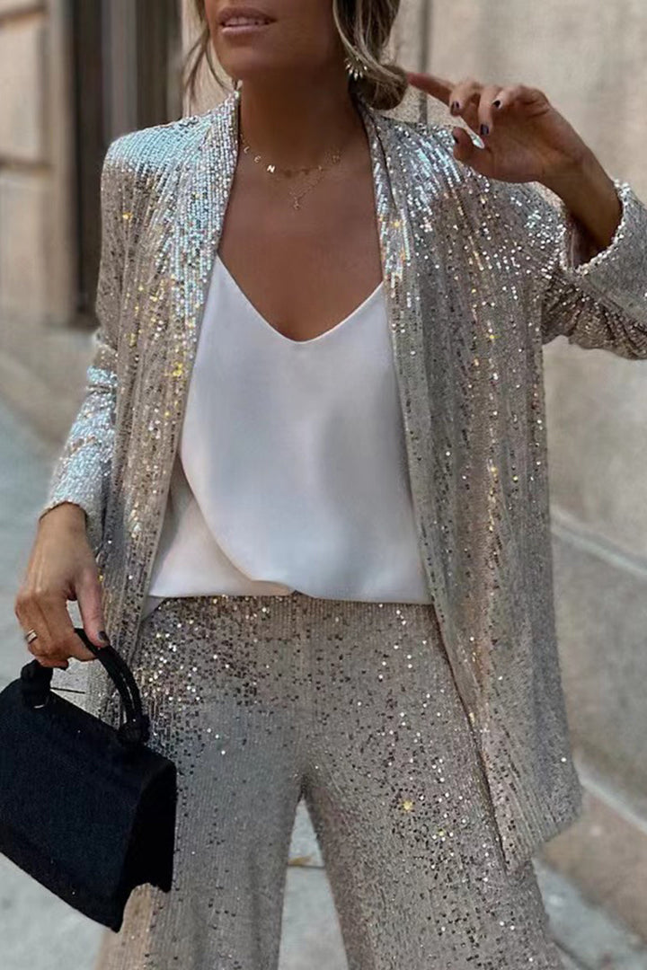 Ilse - Damen Pailletten Zweiteiler mit Blazer und Weitem Bein