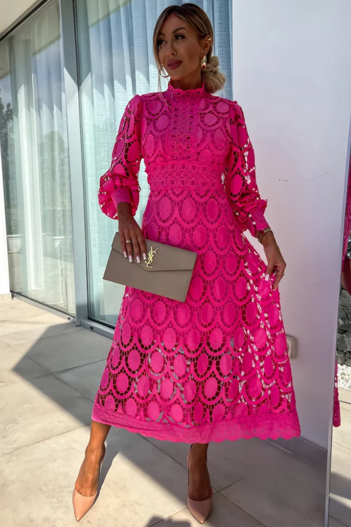 ELORA - Hochgeschlossenes Spitzen-Midi-Kleid
