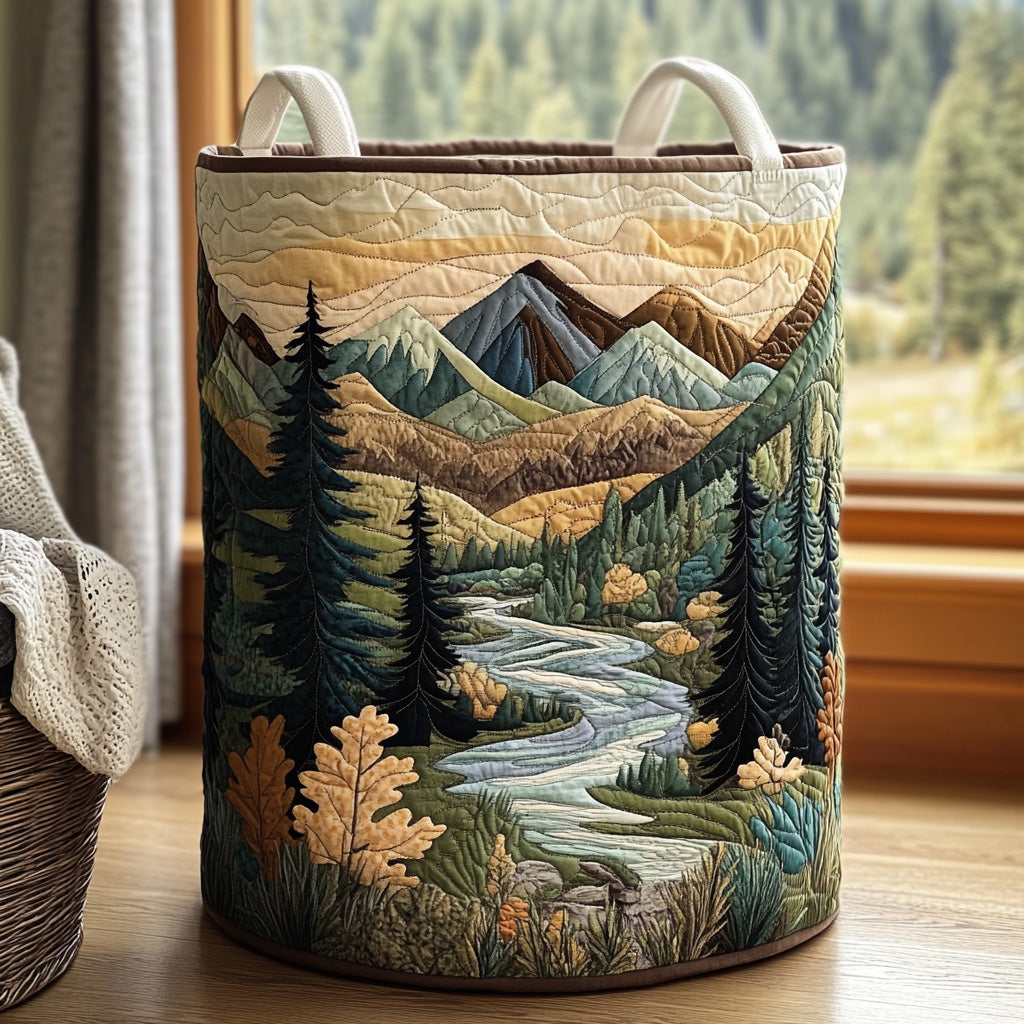 Gesteppter Wäschekorb Waldbach mit Motiv Bären am Bergbach von Maria Zürich