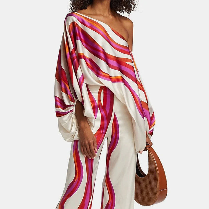 Emma - Wellenmuster Satin Ein-Schulter Top & Weite Hosen Set