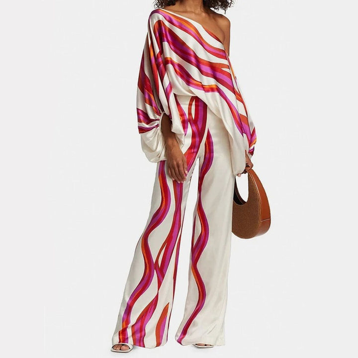 Emma - Wellenmuster Satin Ein-Schulter Top & Weite Hosen Set