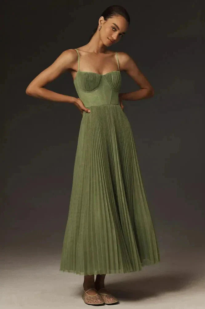 CELESTE - Plissiertes Midi-Kleid mit Korsett-Oberteil und Spaghetti-Trägern