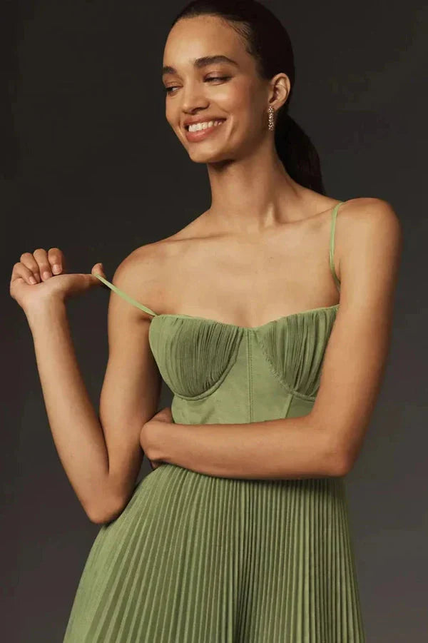CELESTE - Plissiertes Midi-Kleid mit Korsett-Oberteil und Spaghettiträgern