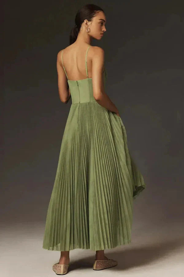 CELESTE - Plissiertes Midi-Kleid mit Korsett-Oberteil und Spaghetti-Trägern