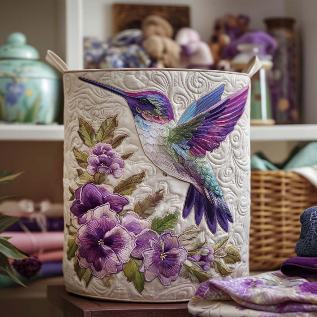 Gesteppter Wäschekorb Kolibri in Blüte mit Motiv Kolibri zwischen Blüten von Maria Zürich