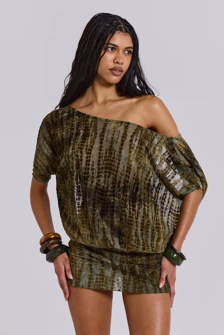 Cynthia - Off-Shoulder Blouson Mini-Kleid mit Batikdruck