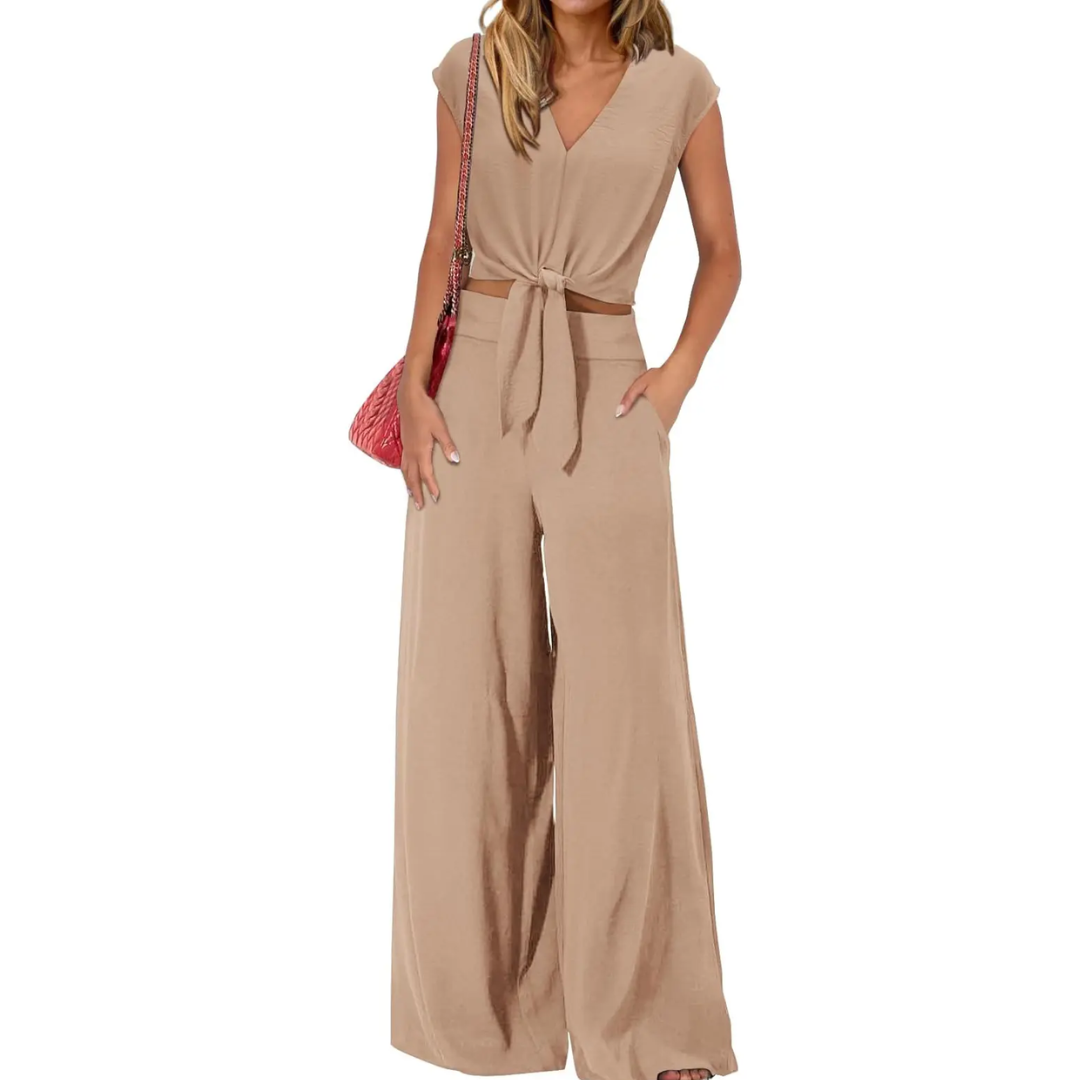 Michelle - V-Ausschnitt Crop Top mit Knoten vorne und weiten Hosen Set