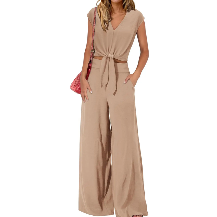 Michelle - V-Ausschnitt Crop Top mit Knoten vorne und weiten Hosen Set