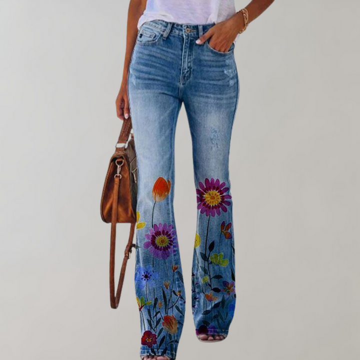 Emy - Damen Schlagjeans mit Blumenprint und Hohem Bund