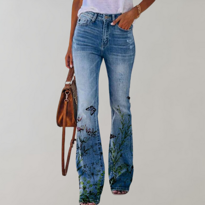 Emy - Damen Schlagjeans mit Blumenprint und Hohem Bund
