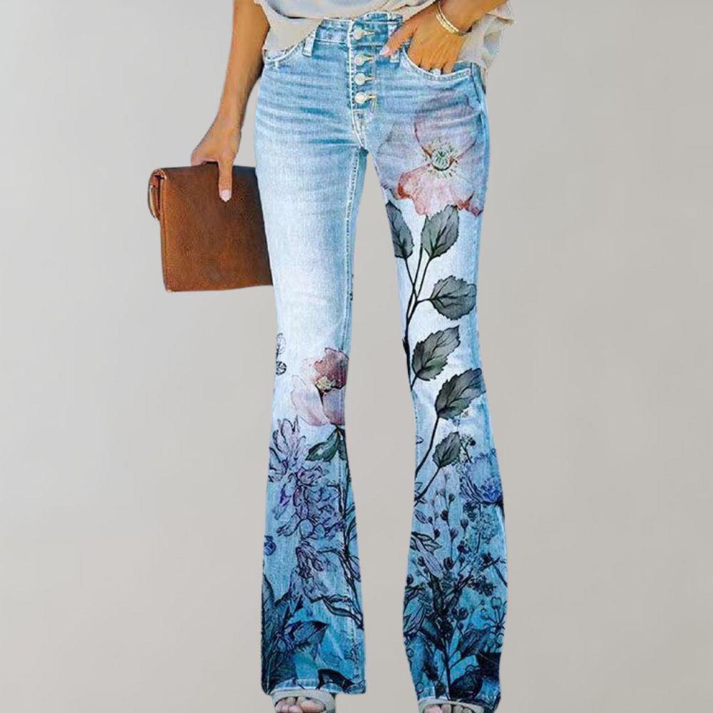 Emy - Damen Schlagjeans mit Blumenprint und Hohem Bund