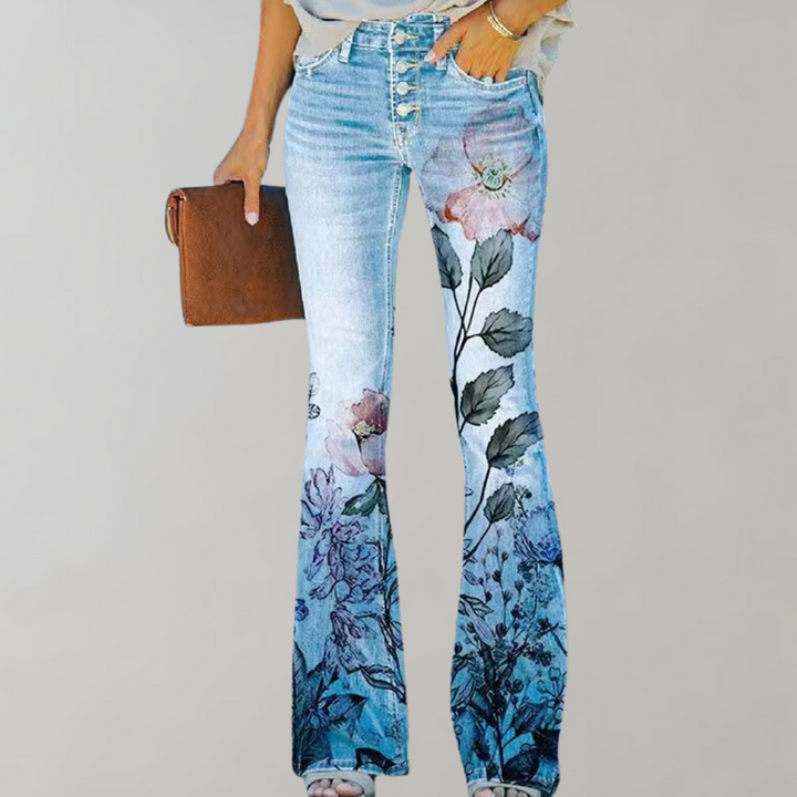 Emy - Damen Schlagjeans mit Blumenprint und Hohem Bund