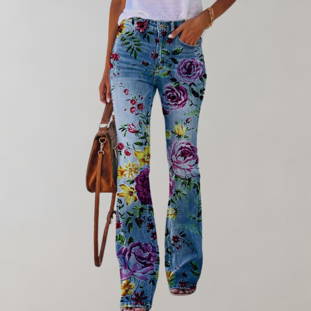 Emy - Damen Schlagjeans mit Blumenprint und Hohem Bund
