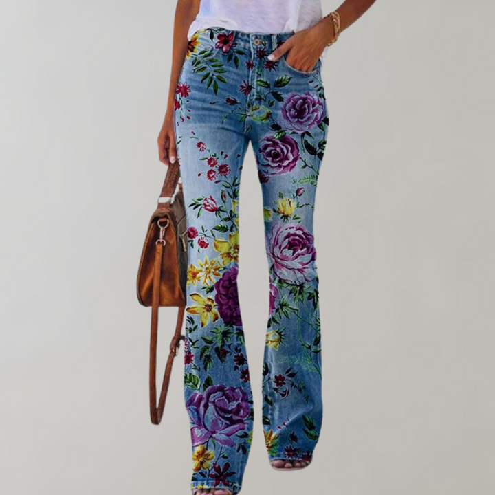 Emy - Damen Schlagjeans mit Blumenprint und Hohem Bund
