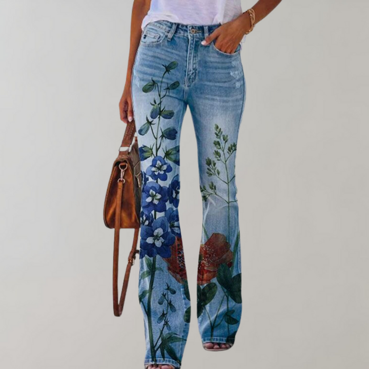 Emy - Damen Schlagjeans mit Blumenprint und Hohem Bund