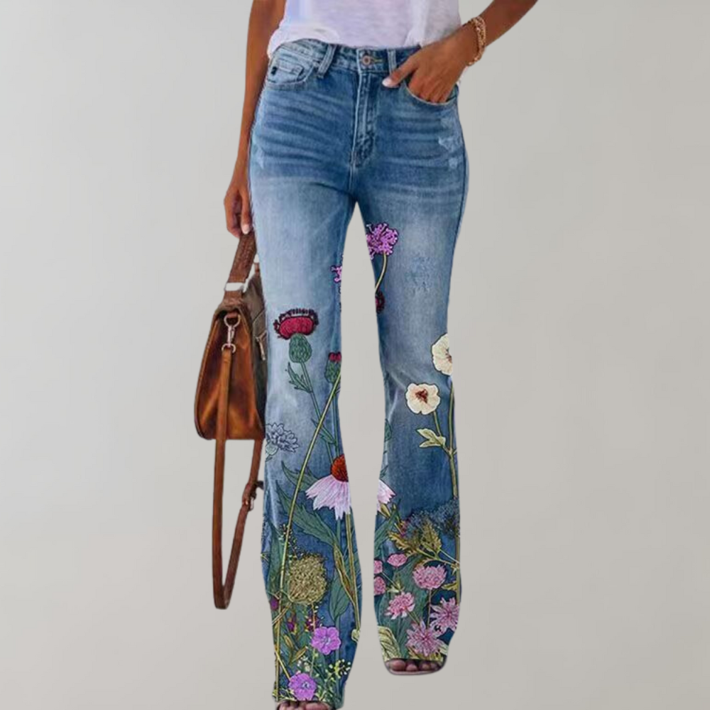 Emy - Damen Schlagjeans mit Blumenprint und Hohem Bund