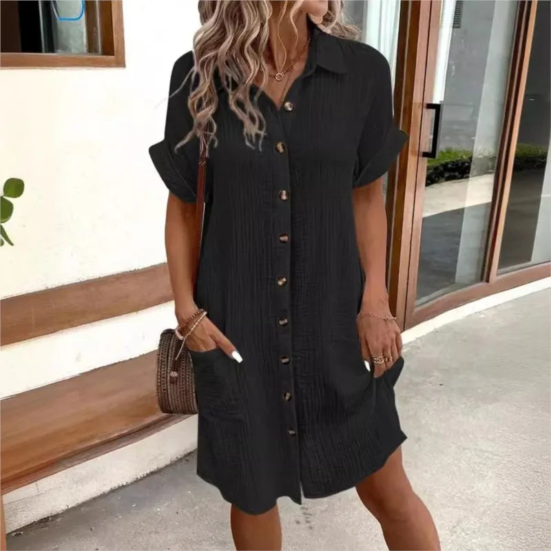 Damen Kleid - Hemdkleid mit Knopfleiste und Taschen | Sommer Casual