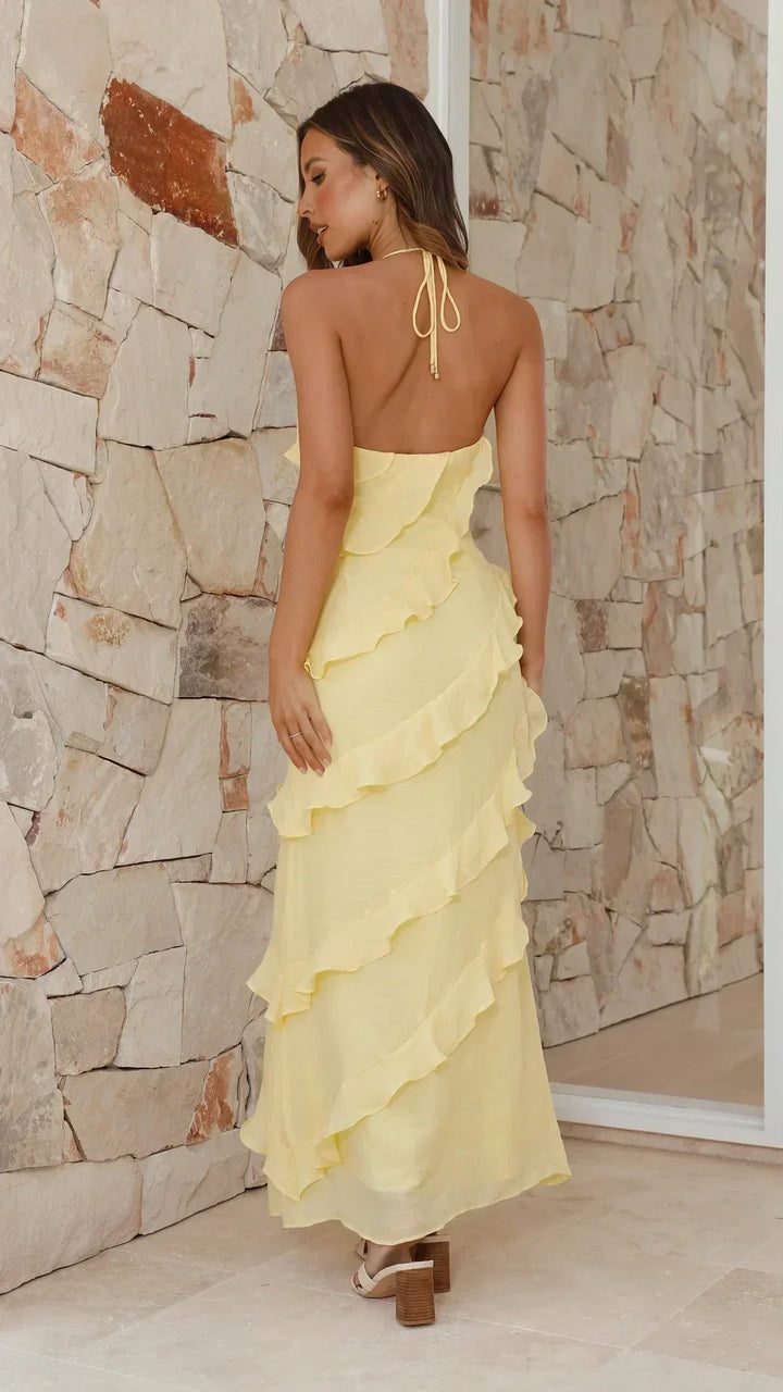 Patricia - Maxikleid mit Halterhals und gestuften Rüschen mit offenem Rücken