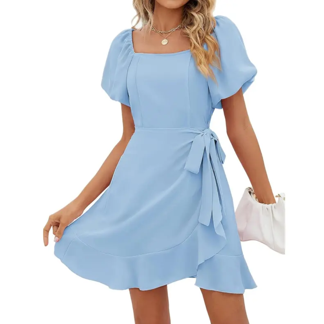Donna - Minikleid mit quadratischem Ausschnitt, Puffärmeln und Gürtel in A-Linie