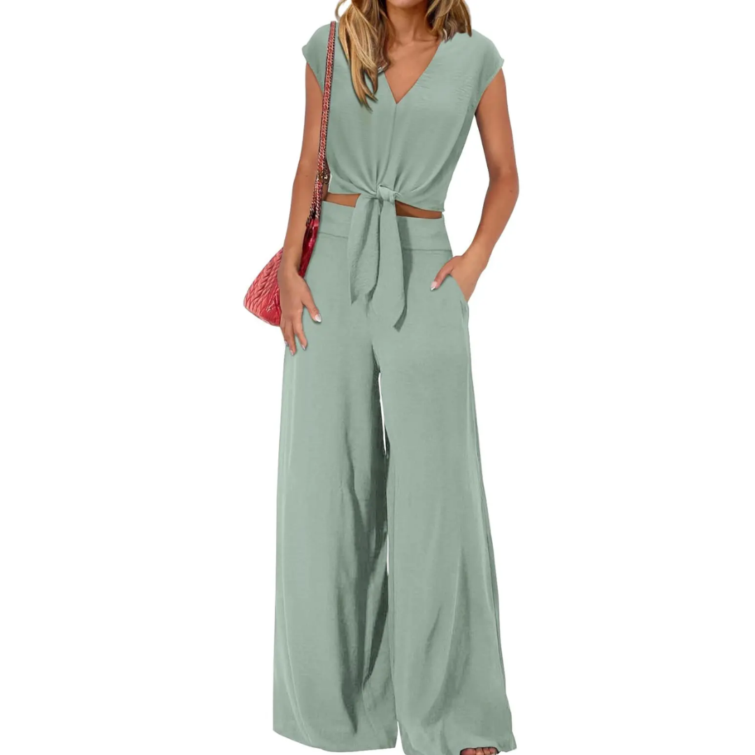 Michelle - V-Ausschnitt Crop Top mit Knoten vorne und weiten Hosen Set
