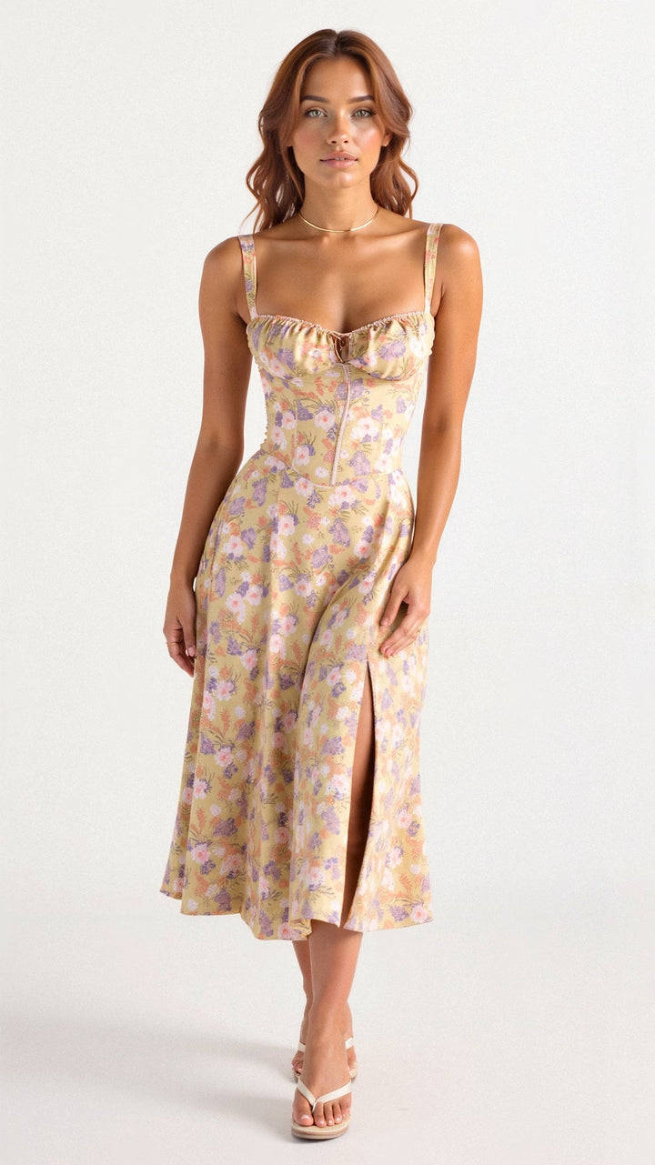 MARGARETHA - Floral Satin-Korsett-Midikleid mit vorderem Schlitz