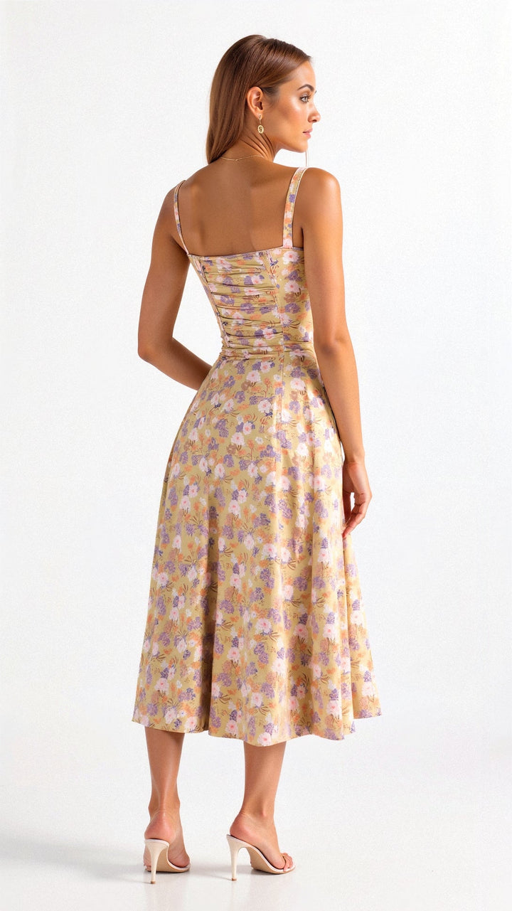 MARGARETHA - Floral Satin-Korsett-Midikleid mit vorderem Schlitz