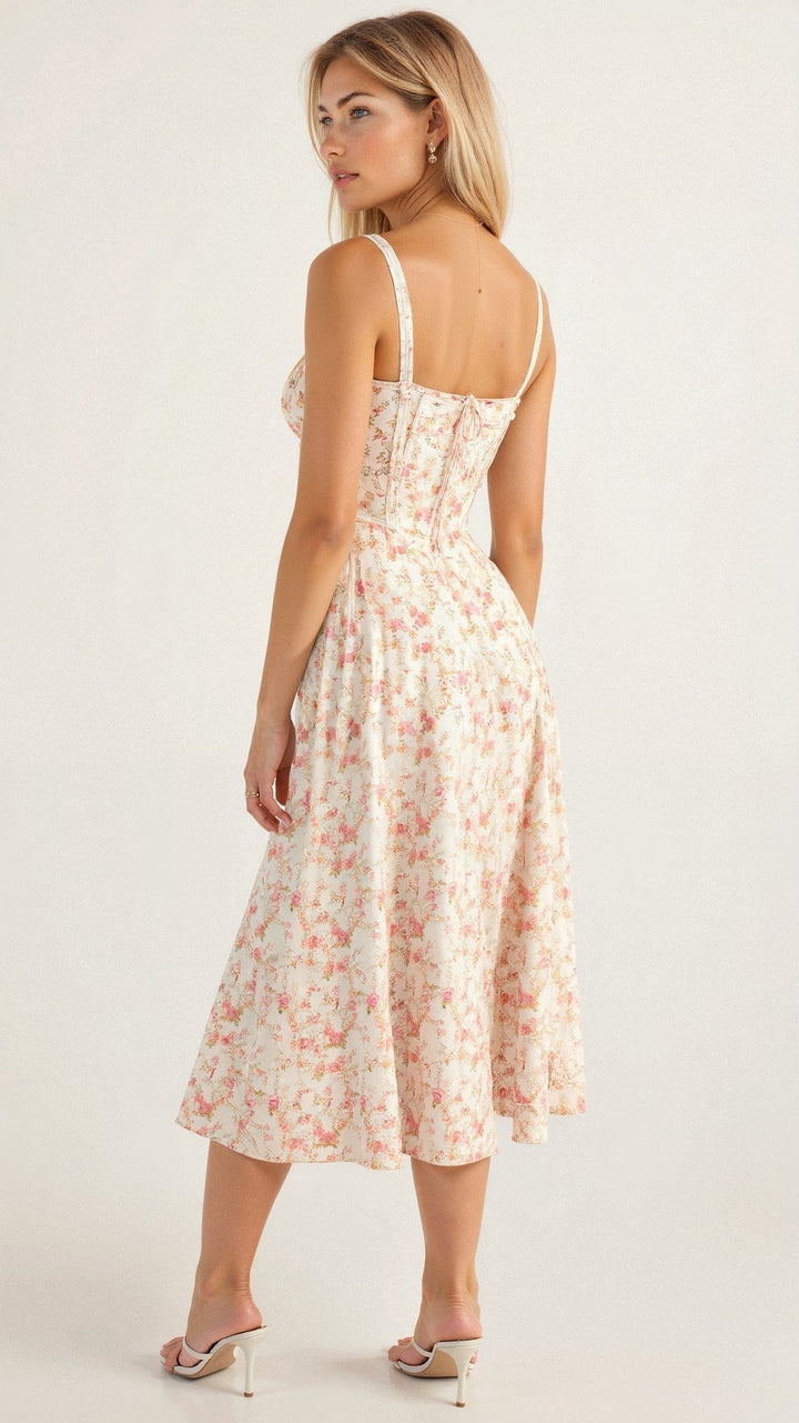 MARGARETHA - Floral Satin-Korsett-Midikleid mit vorderem Schlitz