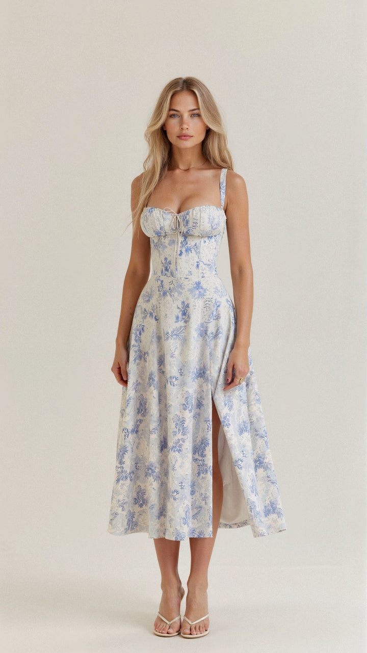 MARGARETHA - Floral Satin-Korsett-Midikleid mit vorderem Schlitz