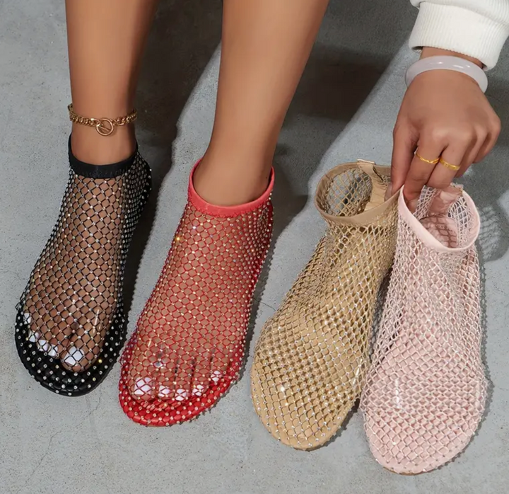 Damen Knöchelhohe Mesh Sandale mit Strass
