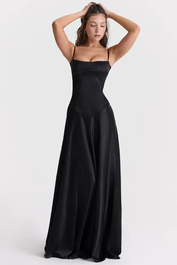 Damen Prom Satin Quadrat-Ausschnitt Maxikleid