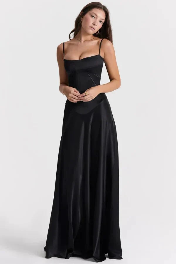 Damen Prom Satin Quadrat-Ausschnitt Maxikleid