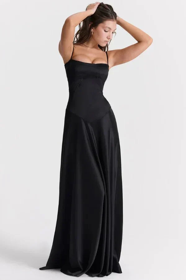Damen Prom Satin Quadrat-Ausschnitt Maxikleid