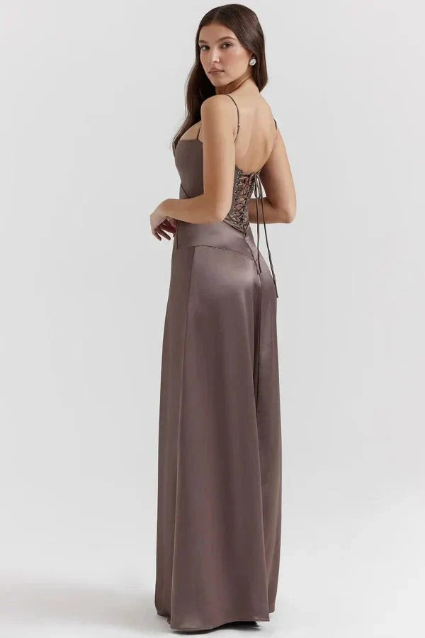 Damen Prom Satin Quadrat-Ausschnitt Maxikleid
