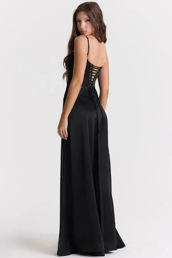 Damen Prom Satin Quadrat-Ausschnitt Maxikleid