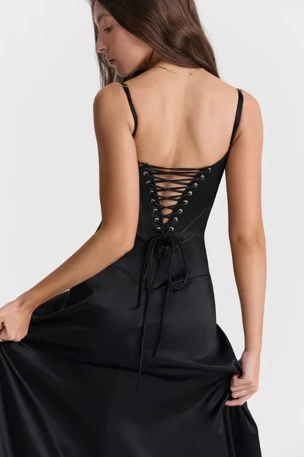 Damen Prom Satin Quadrat-Ausschnitt Maxikleid