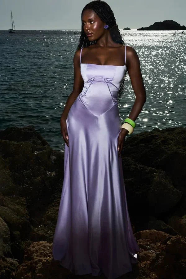 Damen Prom Satin Quadrat-Ausschnitt Maxikleid