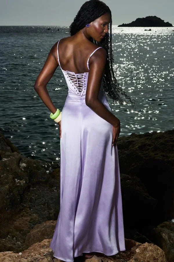 Damen Prom Satin Quadrat-Ausschnitt Maxikleid