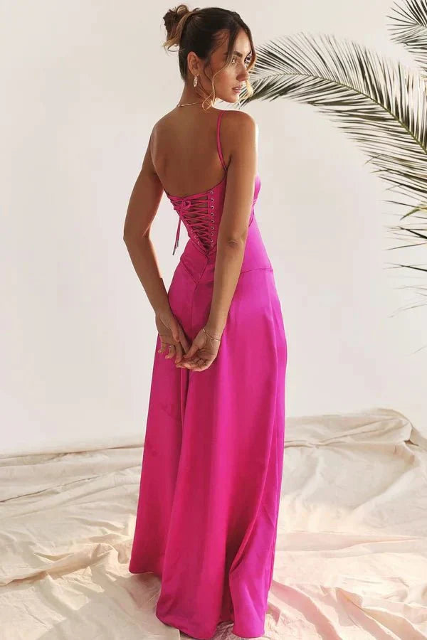 Damen Prom Satin Quadrat-Ausschnitt Maxikleid