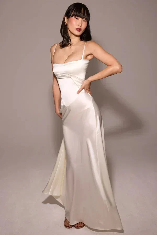 Damen Prom Satin Quadrat-Ausschnitt Maxikleid