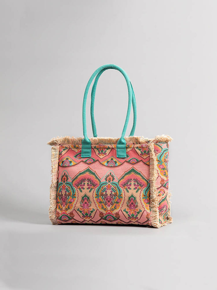 Große Shopper mit Fransen und Bunter Bohemian Druck | Sommer