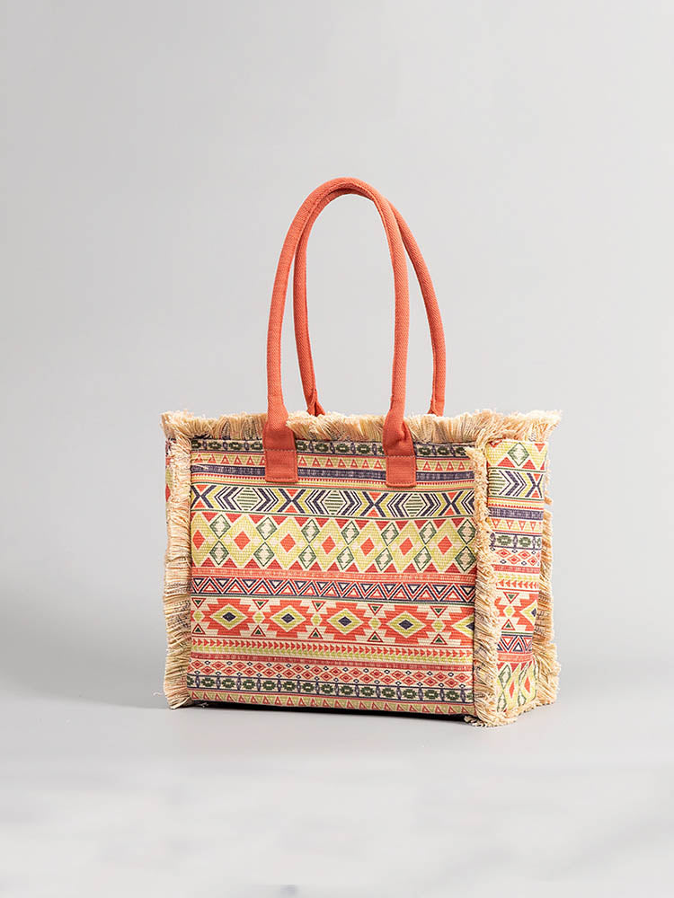 Große Shopper mit Fransen und Bunter Bohemian Druck | Sommer