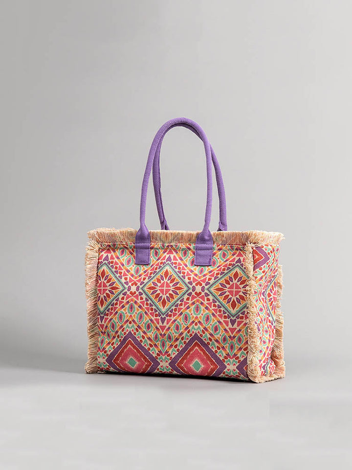 Große Shopper mit Fransen und Bunter Bohemian Druck | Sommer