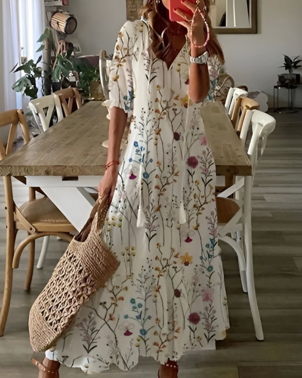 Brittany - Boho Ikat Druck V-Ausschnitt Tiered Maxikleid