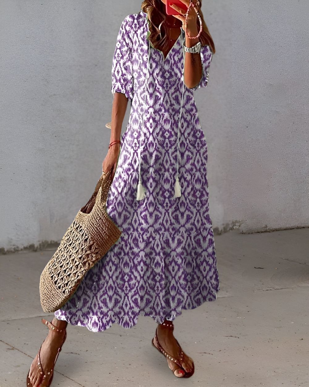 Brittany - Boho Ikat Druck V-Ausschnitt Tiered Maxikleid
