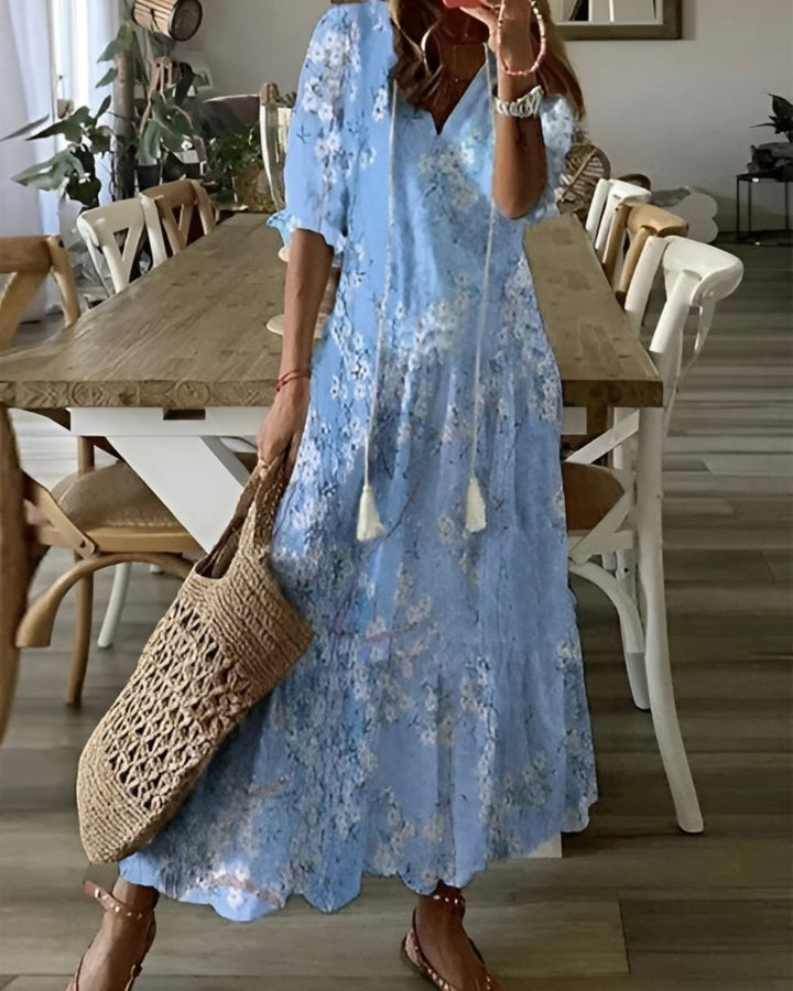 Brittany - Boho Ikat Druck V-Ausschnitt Tiered Maxikleid