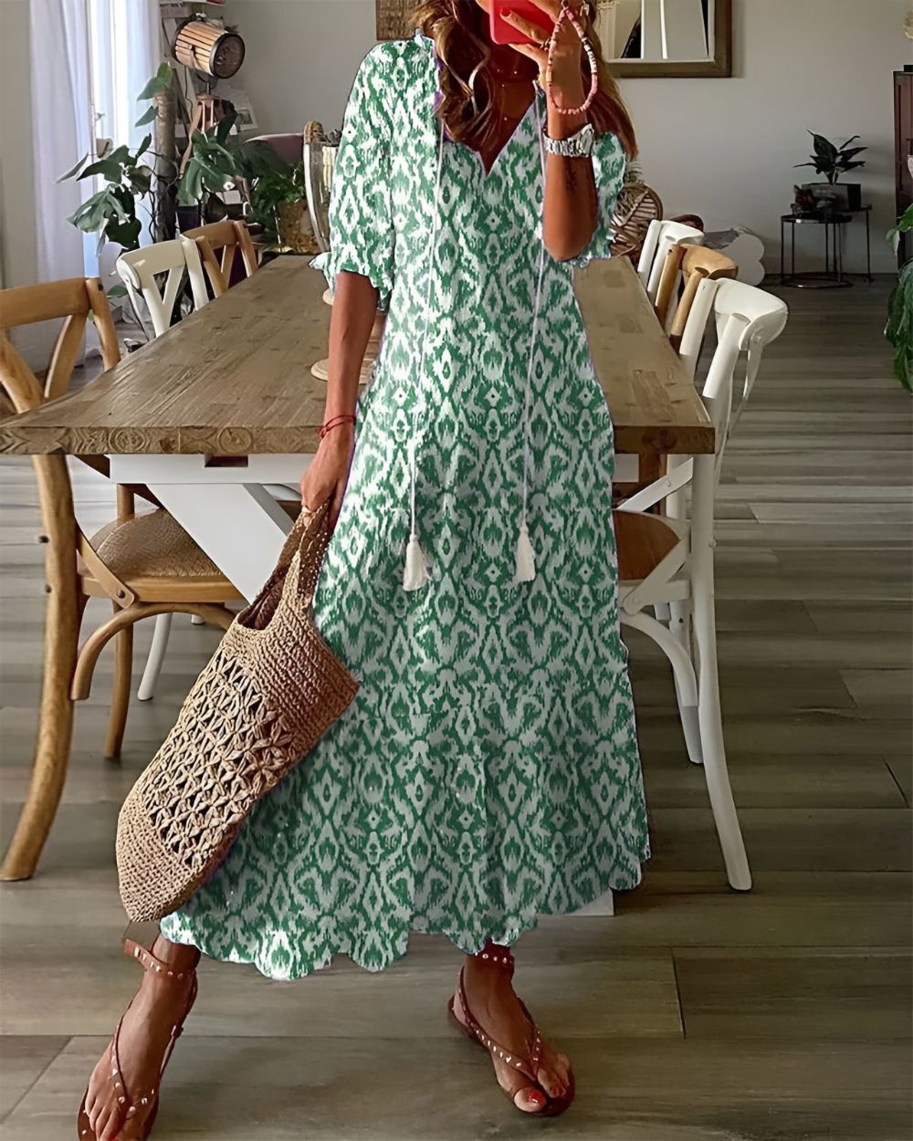 Brittany - Boho Ikat Druck V-Ausschnitt Tiered Maxikleid